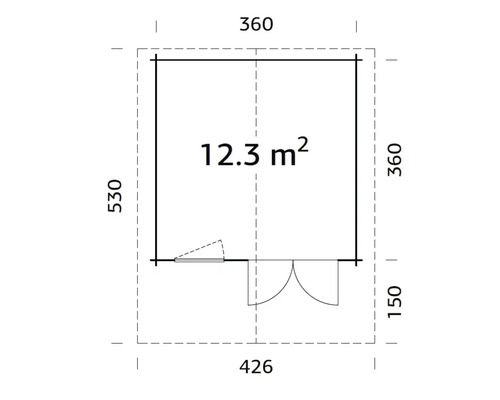 Grundrisszeichnung eines Gartenhauses mit den Maßen 360 mal 360 und 530 mal 150 mit einer Fläche von 12.3 Quadratmetern