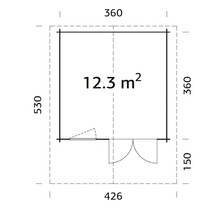 Grundrisszeichnung eines Gartenhauses mit Maßangaben