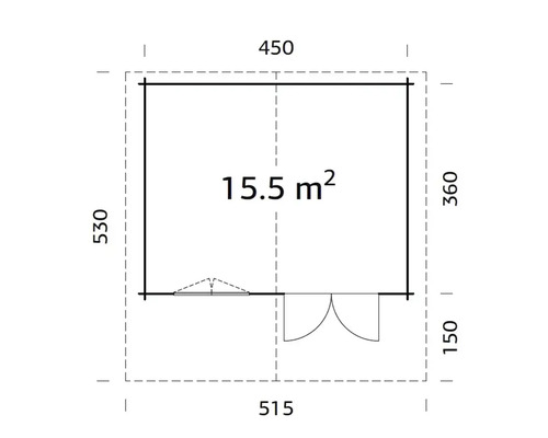 Grundrisszeichnung eines Gartenhauses mit den Maßen 515 x 530 cm und einer Fläche von 15,5 m²