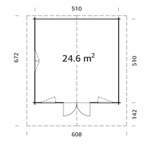 Grundriss eines Gartenhauses mit den Maßen 608 x 672 x 510 x 142 cm und einer Fläche von 24,6 Quadratmetern