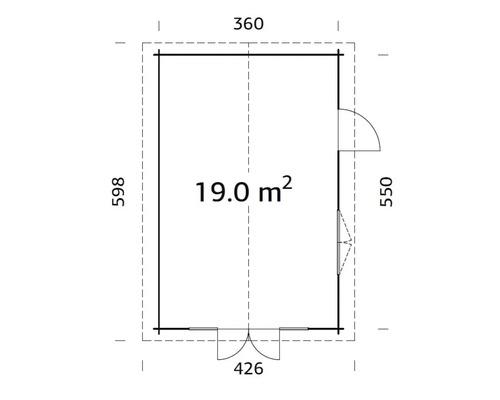 Grundriss eines Gartenhauses mit Maßangaben und einer Fläche von 19 Quadratmetern