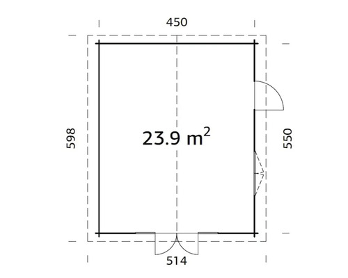 Grundriss eines Gartenhauses mit den Maßen 450 x 598 x 550 x 514 Zentimeter und einer Fläche von 23,9 Quadratmetern