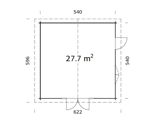 Grundriss eines Gartenhauses mit den Maßen 540 mal 596 und einer Fläche von 27,7 Quadratmetern