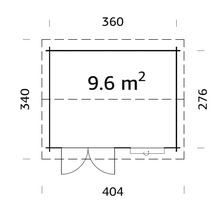 Grundrisszeichnung eines Gartenhauses mit den Maßen 360 mal 340 mal 404 mal 276 und einer Fläche von 9,6 Quadratmetern