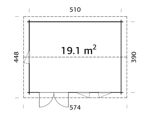Grundrisszeichnung eines Gartenhauses mit den Maßen 510 x 390 Zentimeter und einer Fläche von 19,1 Quadratmetern