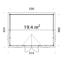 Grundriss eines Gartenhauses mit den Maßen 530 x 424 x 380 cm und einer Fläche von 19,4 Quadratmetern
