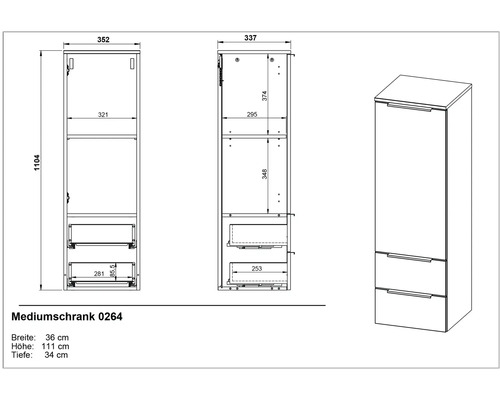 Technische Zeichnung eines Hochschranks mit Maßen