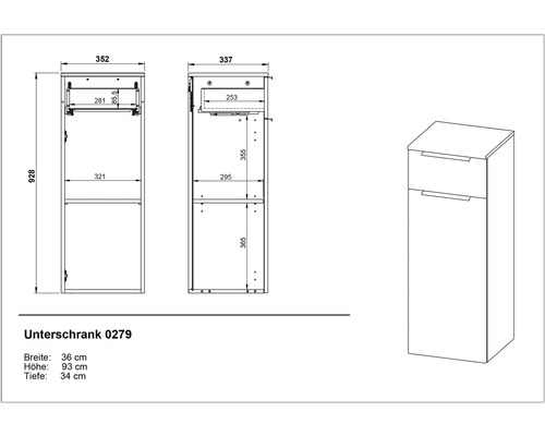 Technische Zeichnung eines Unterschranks mit Maßen