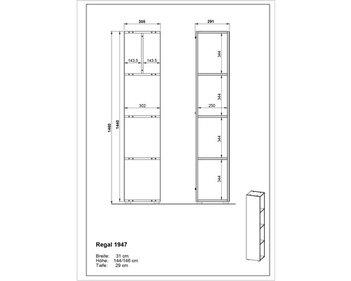 Technische Zeichnung eines Regals mit Maßangaben