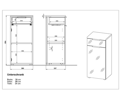 Technische Zeichnung eines Unterschranks mit Breiten-, Höhen- und Tiefenangaben