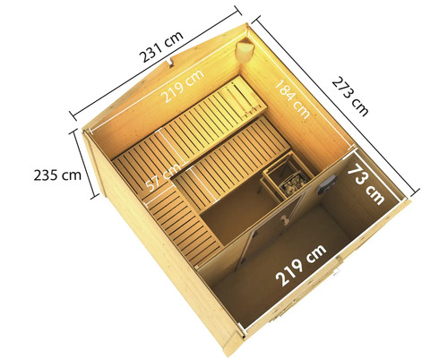 Draufsicht der Sauna mit Abmessungen in Zentimetern