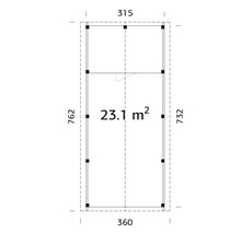 Grundrisszeichnung mit Maßangaben: 315 x 762 Zentimeter und 360 x 732 Zentimeter, Fläche 23.1 Quadratmeter