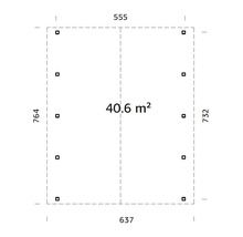 Grundriss mit Maßen von 555, 637, 732 und 764 sowie einer Fläche von 40,6 Quadratmetern