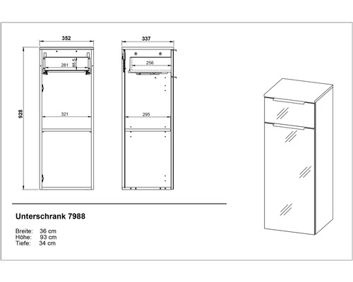 Technische Zeichnung eines Unterschranks mit Maßangaben