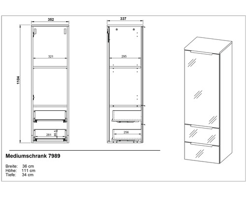 Technische Zeichnung eines Badezimmer-Hochschranks mit Maßen