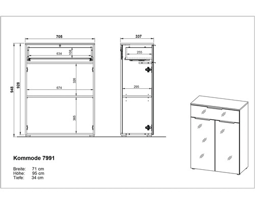 Technische Zeichnung einer Kommode mit Breiten-, Höhen- und Tiefenangaben