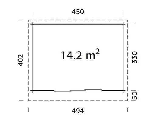 Grundriss eines Gartenhauses mit den Maßen 450 mal 494 Zentimeter und einer Fläche von 14,2 Quadratmetern