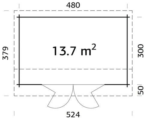 Grundrisszeichnung eines Gartenhauses mit einer Fläche von 13.7 Quadratmetern.