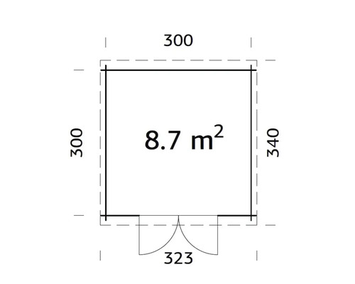 Grundriss eines Gartenhauses mit den Maßen 300 mal 300 mal 340 und 323 Zentimeter, Fläche 8,7 Quadratmeter