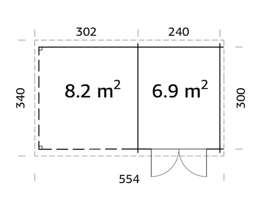 Grundriss eines Gartenhauses mit Maßangaben zu den Abmessungen und Flächen.