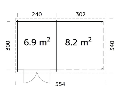 Grundriss mit den Maßen 300 mal 240 und 340 mal 302 mit einer Fläche von 6,9 Quadratmeter und 8,2 Quadratmeter