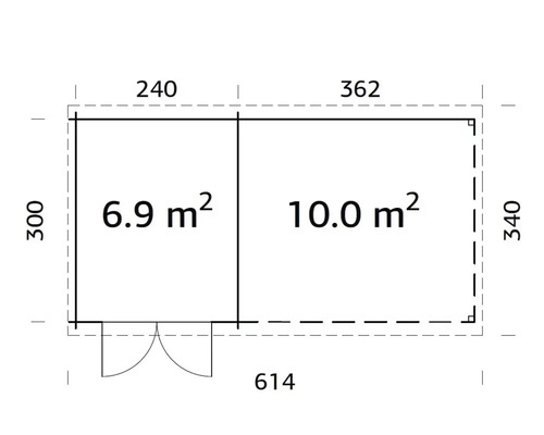 Grundriss eines Gartenhauses mit Größenangaben in Meter
