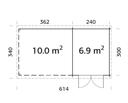 Grundrisszeichnung eines Gartenhauses mit Größenangaben