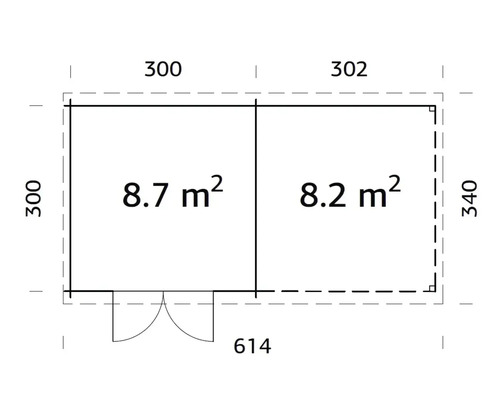 Grundrisszeichnung eines Gartenhauses mit den Maßen 614 x 340 Zentimeter und einer Fläche von 8,7 Quadratmetern beziehungsweise 8,2 Quadratmetern.