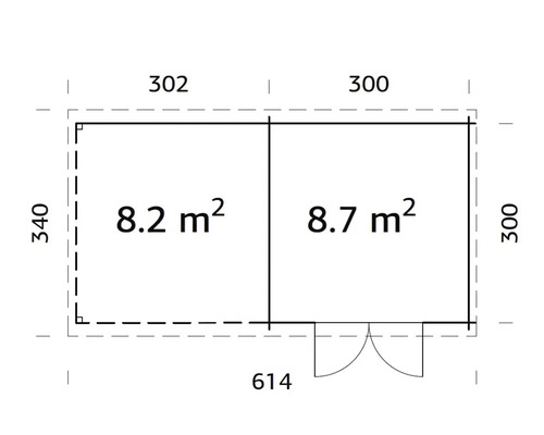 Grundrisszeichnung mit den Maßen 302 x 340 und 300 x 300 Zentimeter