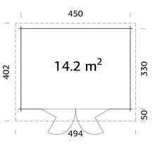 Grundriss mit Maßangaben und einer Fläche von 14,2 Quadratmetern