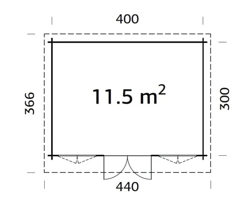 Grundrisszeichnung eines Gartenhauses mit den Maßen 400 mal 366 mal 300 mal 440 und einer Fläche von 11,5 Quadratmetern