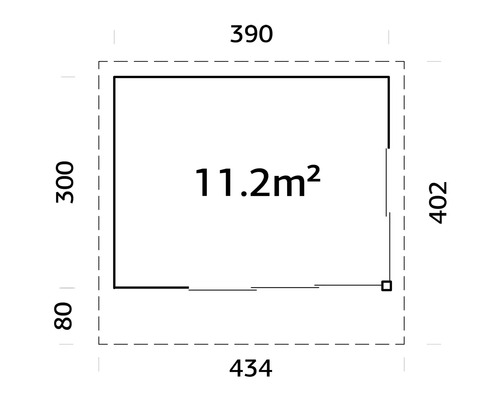 Grundriss mit den Maßen 390, 434, 300 und 402 sowie einer Fläche von 11,2 Quadratmetern