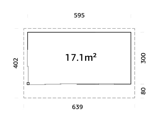Grundrisszeichnung mit Maßangaben: 595, 402, 639, 300, 80 und 17,1 Quadratmeter