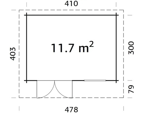 Grundrisszeichnung eines Gartenhauses mit den Maßen 410 x 478 cm und einer Fläche von 11,7 Quadratmetern.
