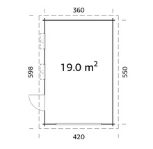 Grundrisszeichnung mit Maßangaben für ein Gebäude mit Tür, Fenster und einer Fläche von 19 Quadratmetern
