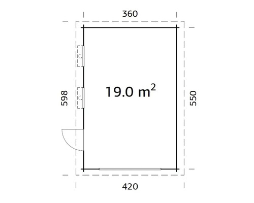 Grundriss eines Gartenhauses mit Tür, Fenster und den Maßen 360 x 420 x 598 x 550 cm sowie einer Fläche von 19 Quadratmetern