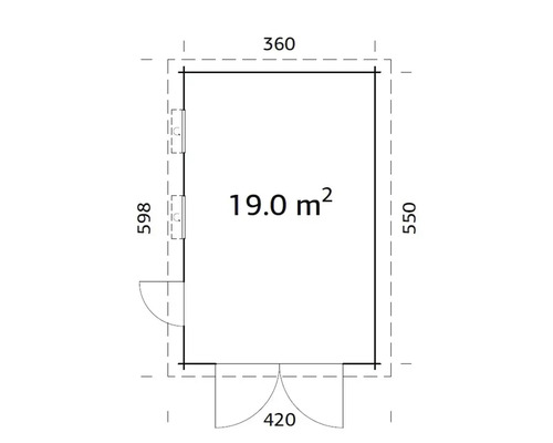 Grundrisszeichnung eines Gartenhauses mit einer Fläche von 19 Quadratmetern und Abmessungen