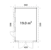 Grundriss eines Gartenhauses mit einer Fläche von 19 Quadratmetern und Abmessungen von 360 mal 550 Zentimetern.