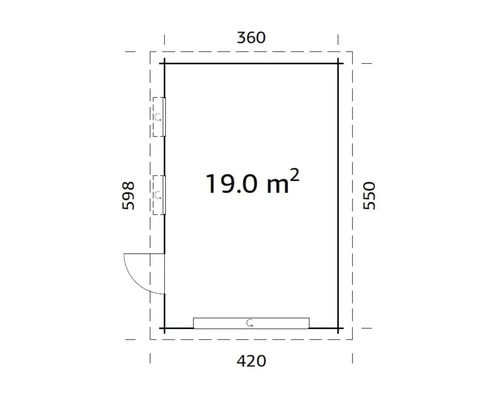 Grundrisszeichnung eines Gartenhauses mit einer Fläche von 19 Quadratmetern