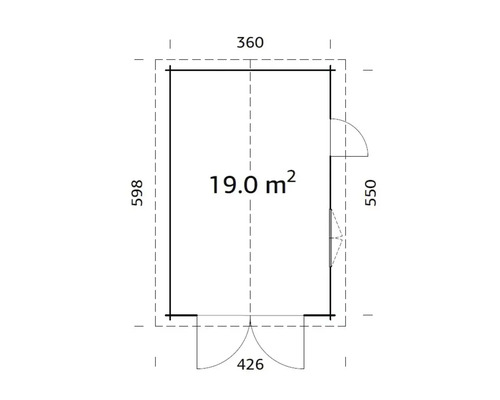 Grundrisszeichnung eines Gartenhauses mit den Maßen 598 mal 360 Zentimeter und einer Fläche von 19 Quadratmetern.