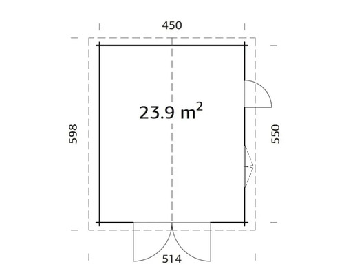 Grundrisszeichnung eines Gartenhauses mit einer Fläche von 23,9 Quadratmetern