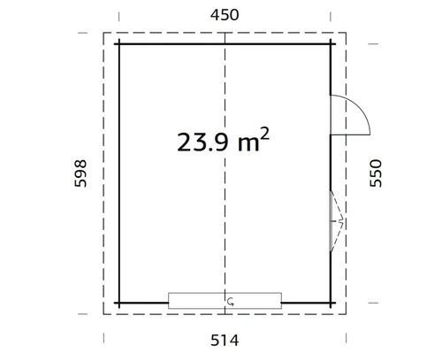 Grundrisszeichnung eines Hauses mit Maßangaben und einer Fläche von 23,9 Quadratmetern