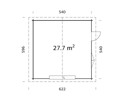 Grundrisszeichnung eines Gartenhauses mit den Maßen 622 mal 596 Zentimeter und einer Fläche von 27,7 Quadratmetern