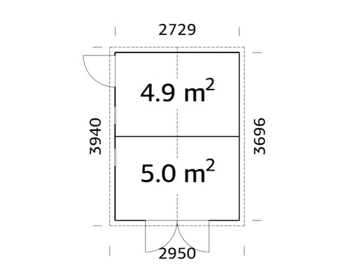 Grundriss eines Gartenhauses mit Flächenangaben und Abmessungen