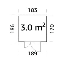 Grundriss mit den Massen 183, 186, 170 und 189 sowie einer Fläche von 3,0 Quadratmetern