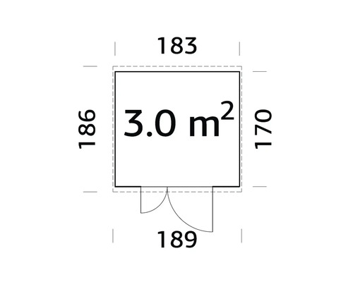 Grundriss mit den Massen 183, 186, 170 und 189 sowie einer Fläche von 3,0 Quadratmetern