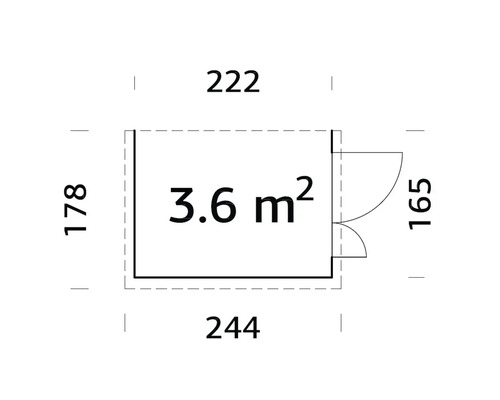 Grundrisszeichnung mit Maßangaben: 3,6 Quadratmeter Fläche, 178 Zentimeter Höhe, 222 Zentimeter Breite, 244 Zentimeter Länge und 165 Zentimeter für die Tür.