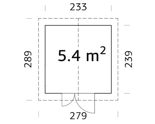 Grundrisszeichnung mit Maßangaben: 5,4 Quadratmeter Fläche, 233 und 289 Zentimeter Seitenlänge.