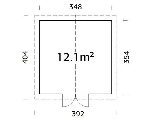 Grundriss mit Abmessungen: 348 mal 404 Zentimeter, Fläche 12,1 Quadratmeter