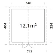Grundrisszeichnung mit Maßangaben und einer Fläche von 12.1 Quadratmetern